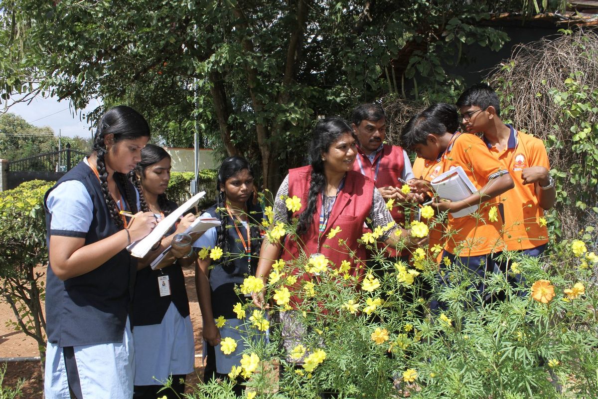Students observing and noting down details of flowering plants in the garden