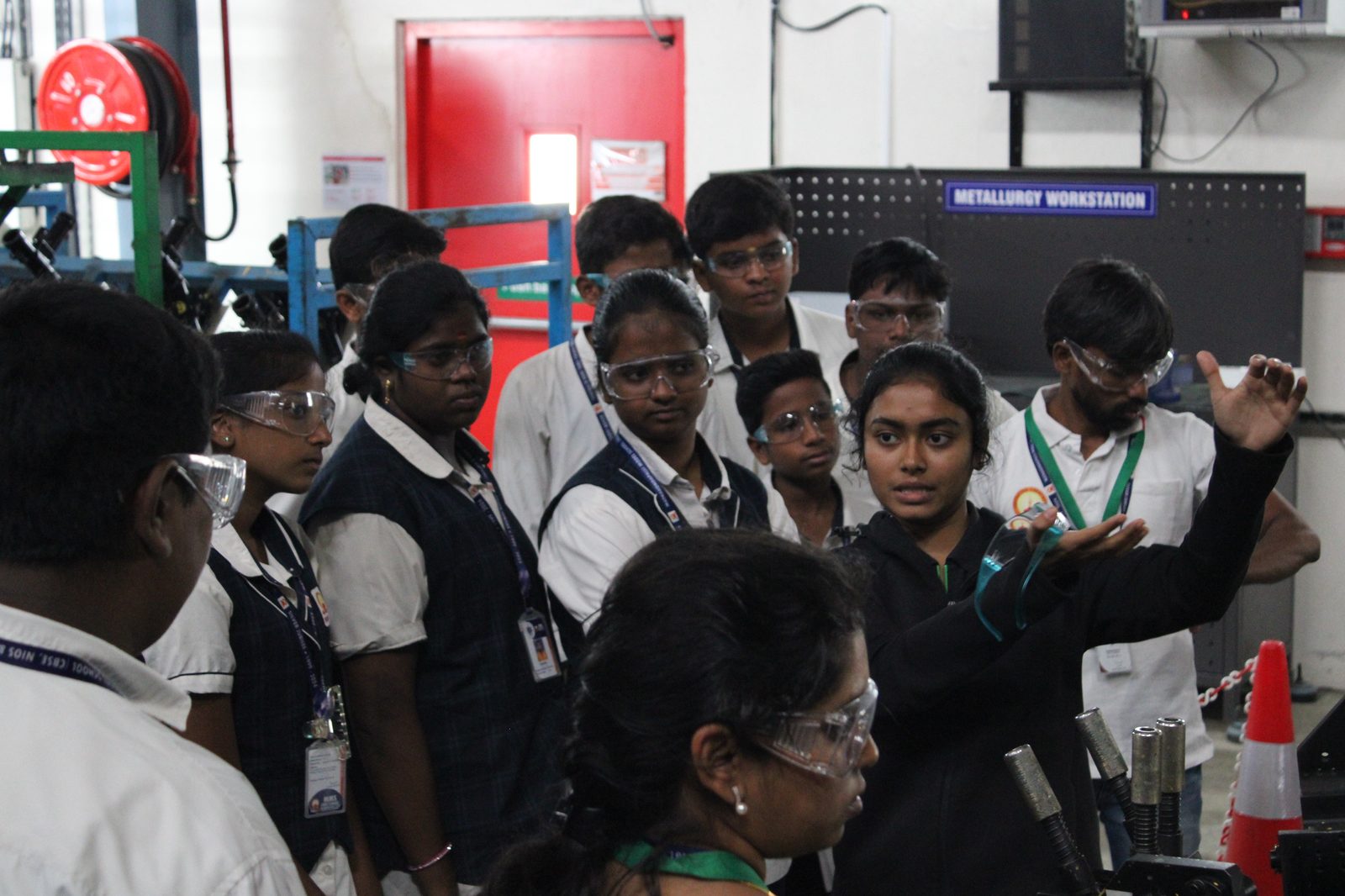 Students learning about metallurgy and materials testing at the Ather metallurgy workstation