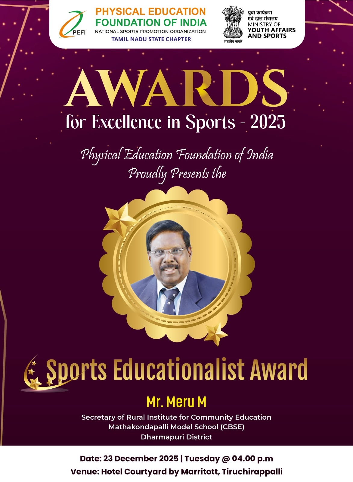 Official Sports Educationalist Award certificate naming Mr. Meru M, Secretary, Rural Institute for Community Education, Mathakondapalli Model School (CBSE), Dharmapuri District