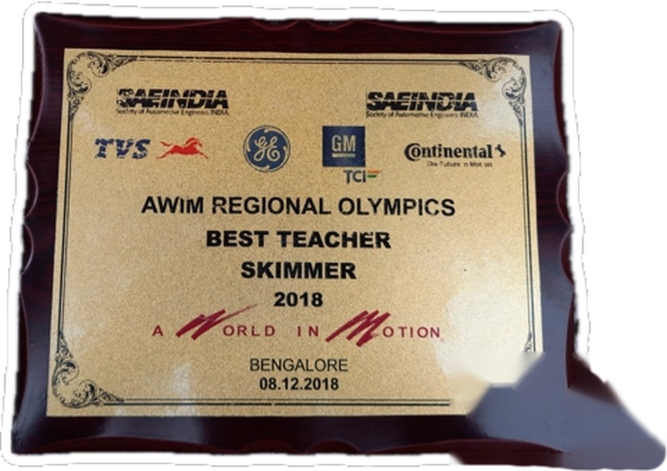 AWIM Regional Olympics, Best Teacher award plaque, Skimmer category, Bengaluru, 2018