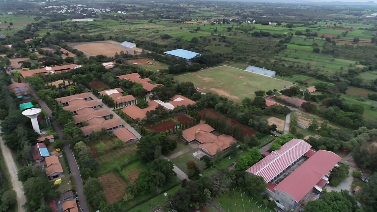 Aerial view of the MMS campus with the hostel block