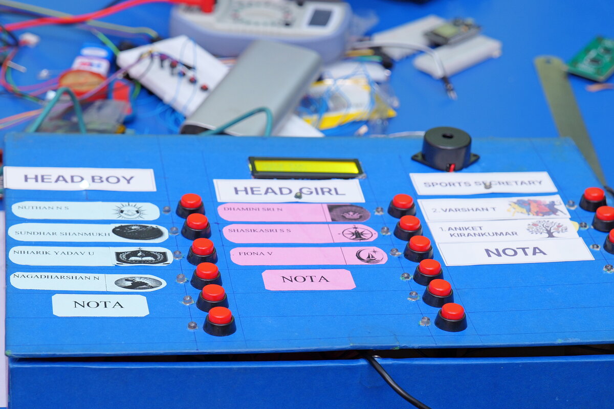 Close-up of the finished voting panel with Head Boy, Head Girl and Sports Secretary buttons, each with a NOTA option