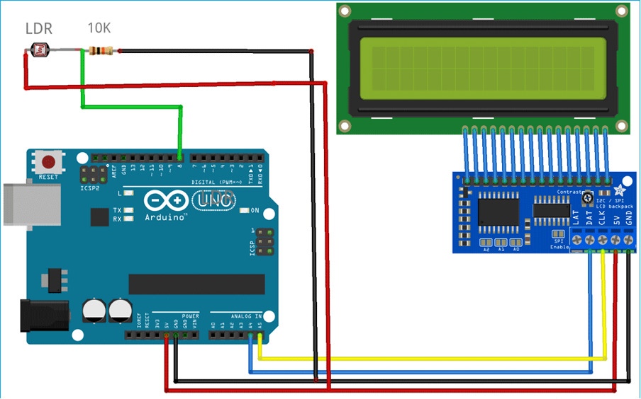 Circuit diagram of the digital signal receiver: an Arduino Uno, an LDR light sensor, and an LCD display