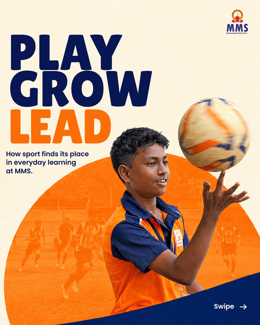 Play. Grow. Lead. How sport finds its place in everyday learning at MMS. A student balances a football on his fingertips.