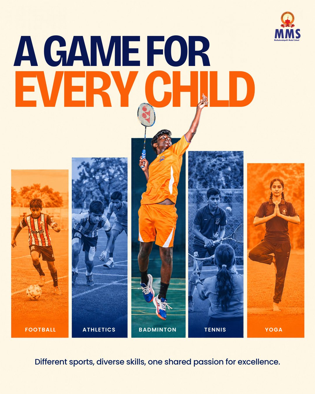 A game for every child: football, athletics, badminton, tennis and yoga. Different sports, diverse skills, one shared passion for excellence.
