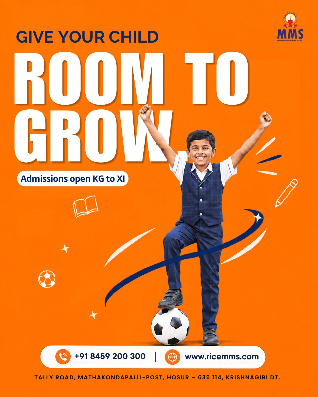 Give your child room to grow. Admissions open KG to XI. Call +91 8459 200 300 or visit www.ricemms.com.