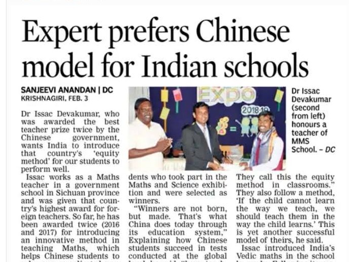 Deccan Chronicle news clipping: 'Expert prefers Chinese model for Indian schools', featuring Dr. Issac Devakumar at MMS