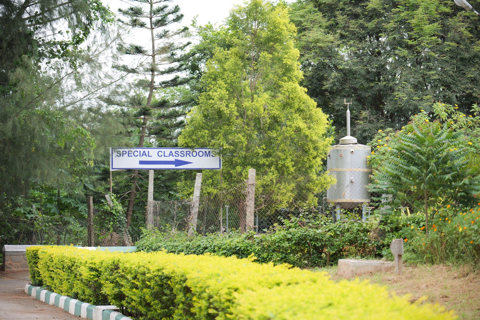 A signboard pointing the way to the Special Classrooms along a garden path