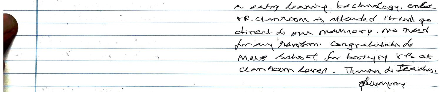 Handwritten VR Lab feedback note